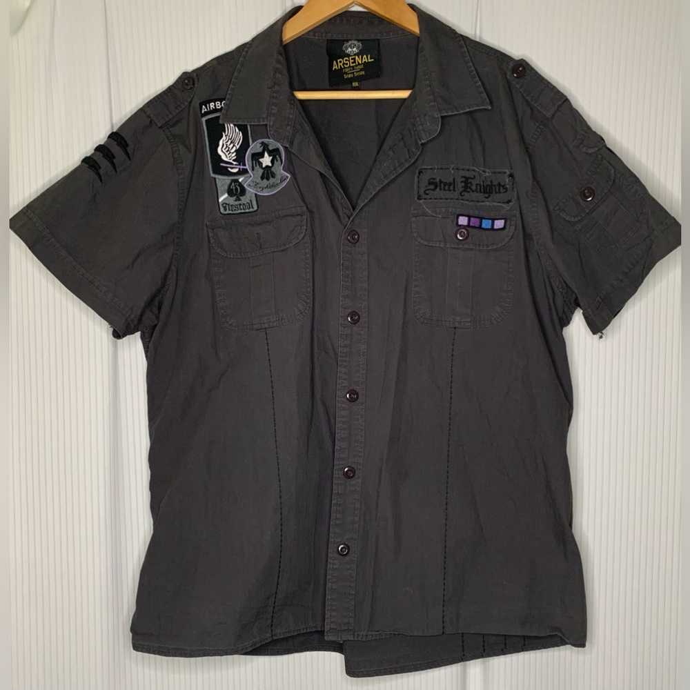 Arsenal - Military Style Button Up Short Sleeve Top With Iron On Patch Detail